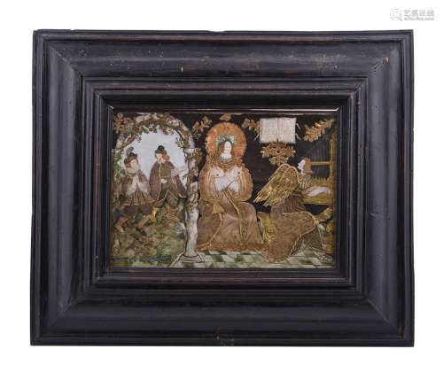 A RARE TEXTILE AND NEEDLEWORK COLLAGE PICTURE DEPICTING SAIN...