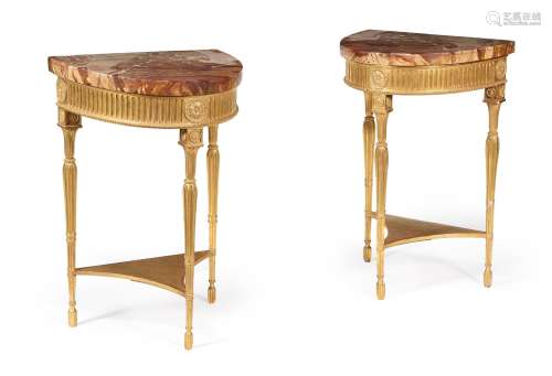 A PAIR OF GEORGE III GILTWOOD DEMI-LUNE PIER TABLES, CIRCA 1...