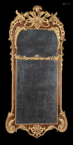 A GEORGE II WALNUT AND GILTWOOD WALL MIRROR, CIRCA 1745-50