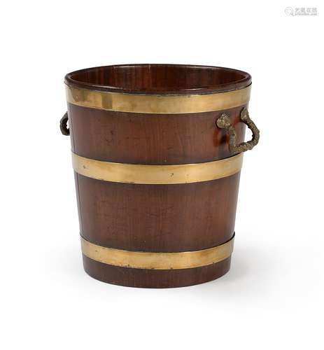 A GEORGE III MAHOGANY AND BRASS BOUND PEAT BUCKET, SECOND HA...