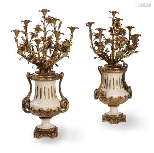 A PAIR OF FRENCH MARBLE AND ORMOLU SEVEN LIGHT CANDELABRA, C...