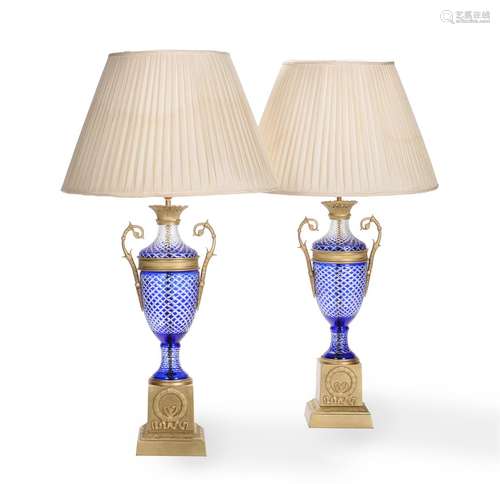 A PAIR OF GILT METAL MOUNTED CUT BLUE GLASS LAMPS, CONTEMPOR...