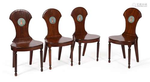 A SET OF FOUR LATE GEORGE III MAHOGANY HALL CHAIRS, CIRCA 18...