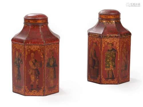 A PAIR OF REGENCY SCARLET TOLE TEA CANISTERS, EARLY 19TH CEN...