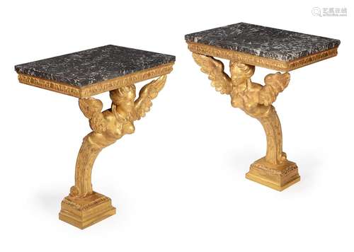 A PAIR OF GILTWOOD CONSOLE TABLES, SECOND QUARTER 18TH CENTU...