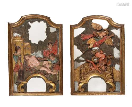 A PAIR OF SPANISH GILTWOOD FRAMED MIRRORS OVERLAID WITH CARV...