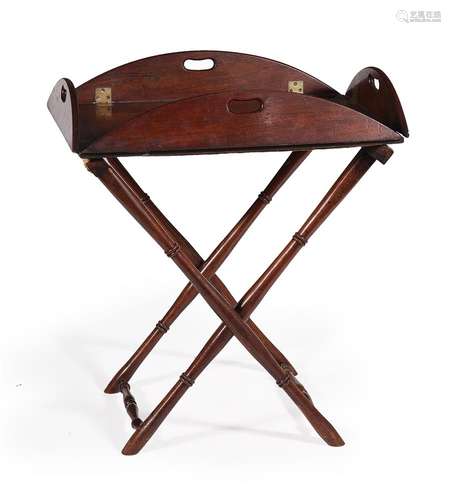 A MAHOGANY AND BRASS MOUNTED BUTLER'S TRAY ON FOLDING STAND,...