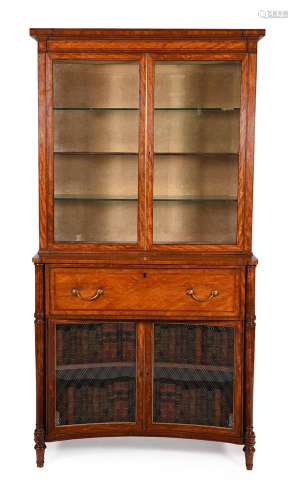 Y A GEORGE III SATINWOOD AND TULIPWOOD BANDED SECRETAIRE BOO...
