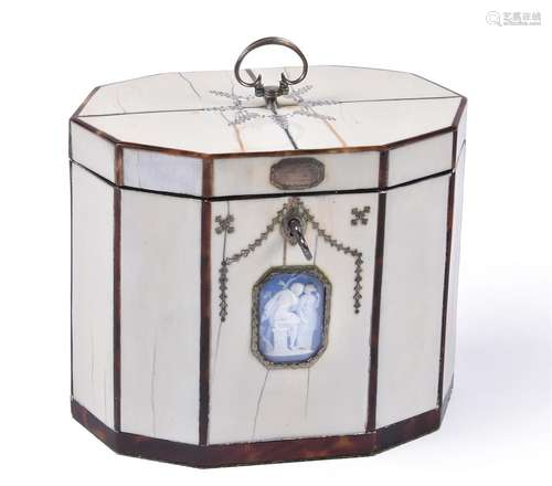 Y A GEORGE III IVORY AND TORTOISESHELL STRUNG TEA CADDY, CIR...