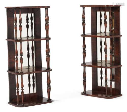 A PAIR OF GEORGE IV SIMULATED ROSEWOOD HANGING WALL SHELVES,...