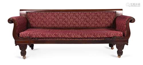 A GEORGE IV MAHOGANY AND UPHOLSTERED SOFA, CIRCA 1825