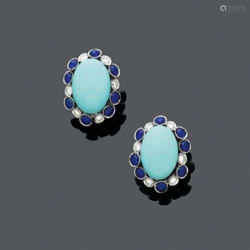 BOUCLES D'OREILLES EN SAPHIR TURQUOISE ET DIAMANT. Or blanc ...