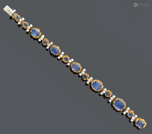 BRACELET CEYLON-SAPHIRE-DIAMANT, vers 1960.Platine 950 et or...