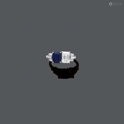 BAGUE SAPHIR DIAMANT. Platine 900, 10% iridium, 5g. Bague d'...