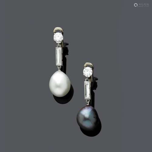 BOUCLES D'OREILLES EN PERLES ET DIAMANTS. Platinum 950, 12g....