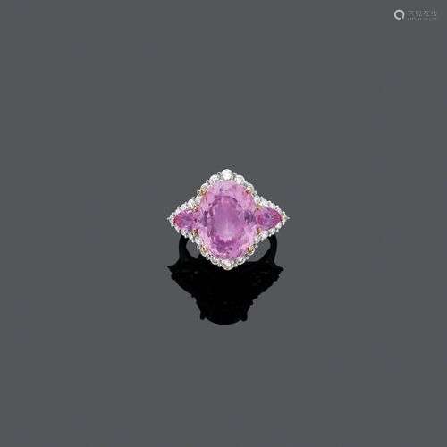 BAGUE DIAMANT SAPHIR ROSE KUNZITE. Or blanc et rose 750, 6g....