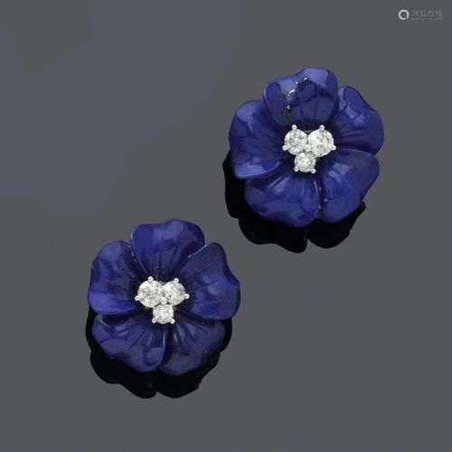 CLIPS D'OREILLES EN DIAMANT LAPISLAZULI, LIGNE DE PIERRES.Or...