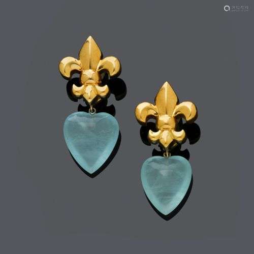 CLIPS D'OREILLES EN OR AQUAMARIN, STEINLIN.Or jaune 750, 26g...