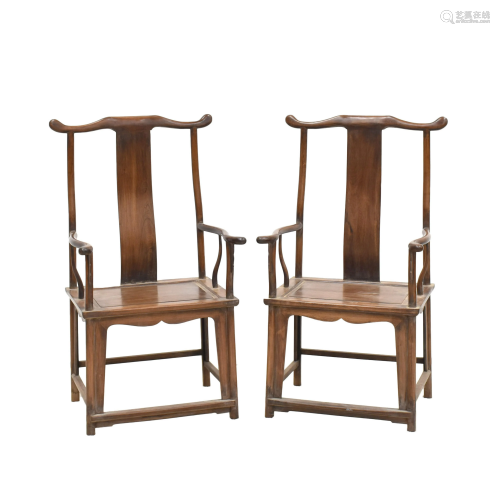 ANTIQUE PAIR HUANGHUALI CARVED OFFICER HAT ARM CHAIRS