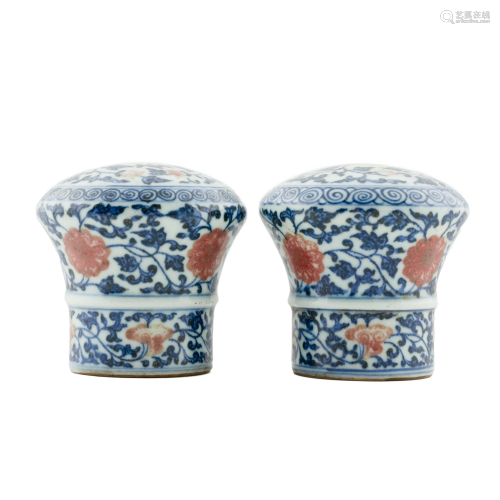 17TH C PAIR OF PORCELAIN SCROLL KNOBS IN FLORAL MOTIF