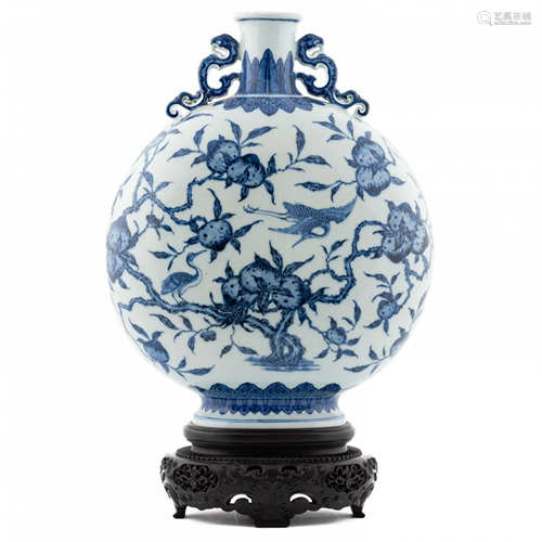 QIANLONG BLUE & WHITE POMEGRANATE MOON VASE ON S…