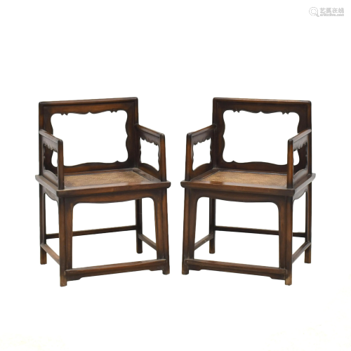 ANTIQUE PAIR HUANGHUALI WICKER SEAT ROSE ARM CHAIRS