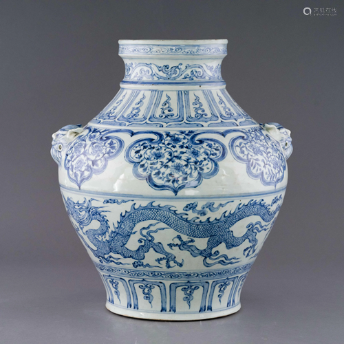 YUAN DYNASTY BLUE & WHITE DOG HEAD PORCELAIN JAR