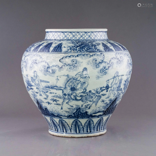 MING BLUE & WHITE FIGURINES MOTIF JAR