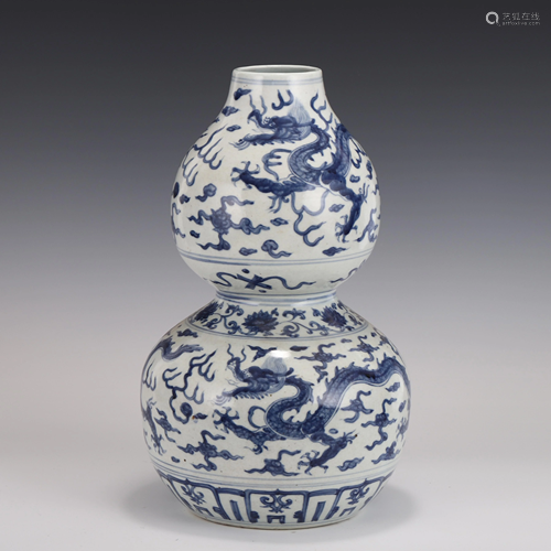 MING BLUE & WHITE DRAGON DOUBLE GOURD BOTTLE