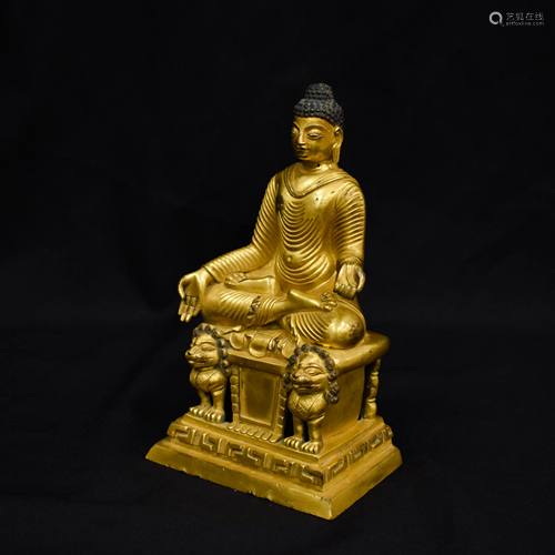 GILT BRONZE MAITREYA BUDDHA ON LION PEDESTAL