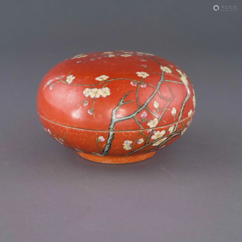 JIAQING CHERRY BLOSSOM OVER RED GLAZED LIDDED BOX