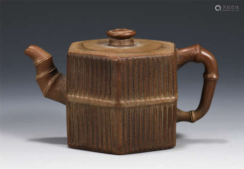 A CHINESE HEXAGONAL BAMBOO JOINT YIXING CLAY TEA POT