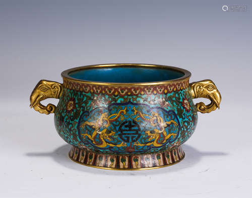 A CHINESE ENAMEL DRAGON CENSER WITH ELEPHANT HANDLES