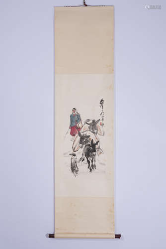 A CHINESE SCROLL PAINTING OF DRIVING DONKEYS