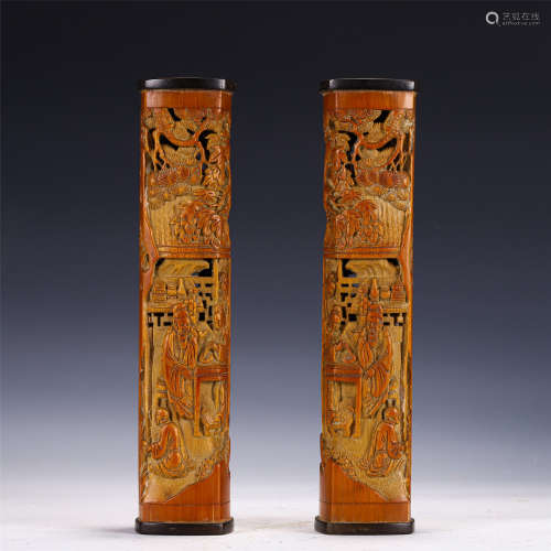 A PAIR OF CHINESE CARVED BAMBOO FIGURAL INCENSE TUBES