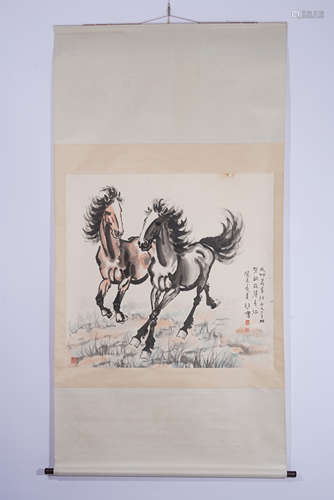 A CHINESE PAINTING OF GALLOPING HORSES