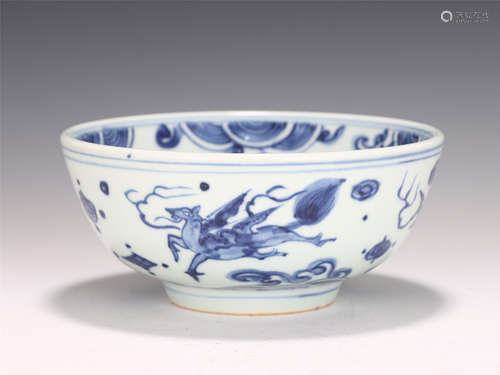 A CHINESE BLUE AND WHITE FLYING HORSE PORCELAIN BOWL