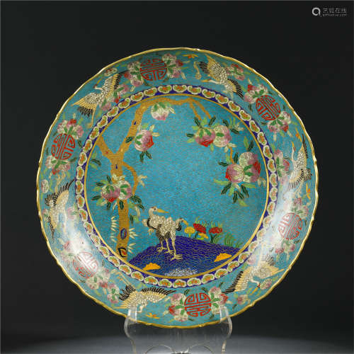 A CHINESE CLOISONNE CRANES AND PEACHES PLATE