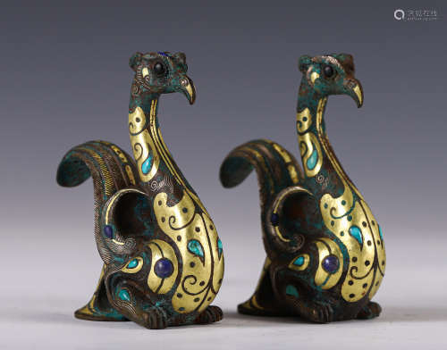 PAIR CHINESE TURQUOISE INLAID GOLD&SILVER MOUNTED BEASTS