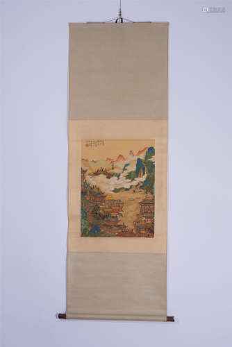 A CHINESE SCROLL PAINTING OF MOUNTAIN PAVILIONS & FIGURES
