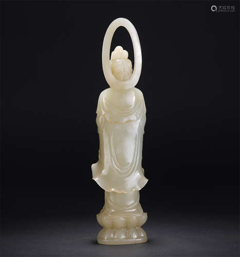 A CHINESE WHITE JADE STATUETTE OF BUDDA GUANYIN