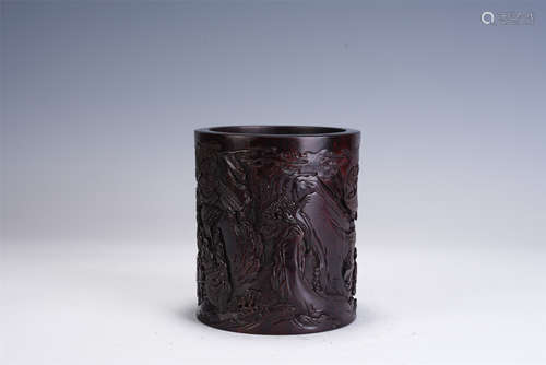 A CHINESE HARDWOOD CARVED FIGURES&LANDSCAPE BRUSH POT