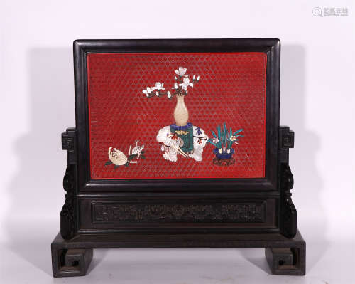 A CHINESE HARD-STONES & LACQUER INLAID ZITAN TABLE SCREEN
