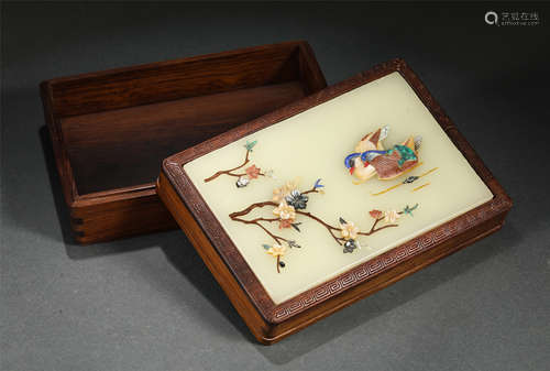 A CHINESE HARD-STONES INLAID HUANGHUALI BOX AND COVER