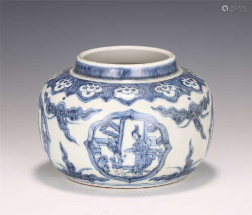 A CHINESE BLUE AND WHITE FIGURES STORY PORCELAIN JAR