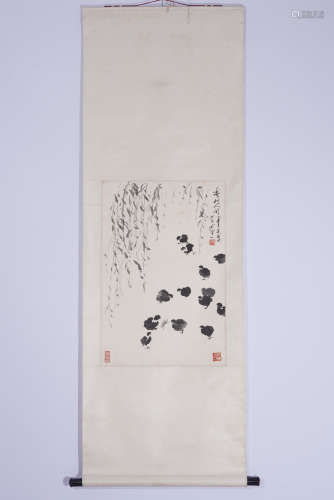 A CHINESE SCROLL PAINTING OF CHICKS AND WILLOW TREE