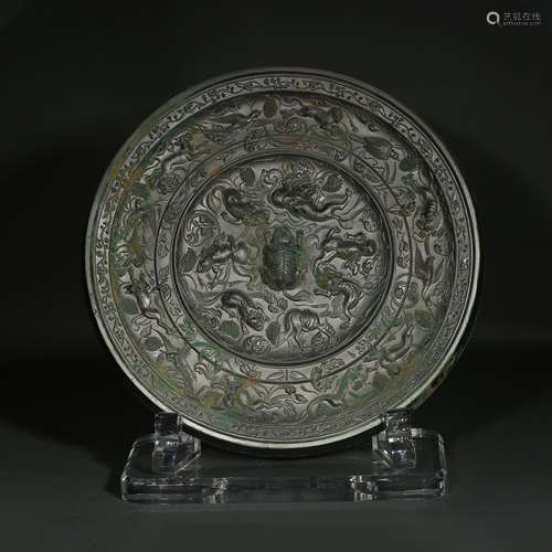 Chinese Tang Dynasty Sea Beast and Grape Mirror