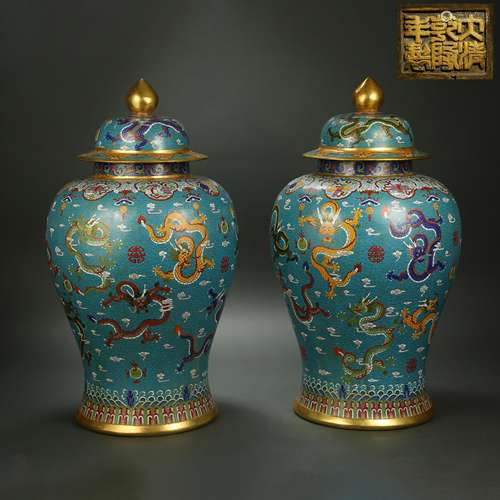 A pair of cloisonne dragon jars, Qing Dynasty