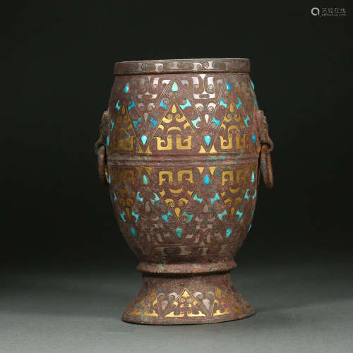 Chinese Han Dynasty gold and silver cup, inlaid with turquoi...