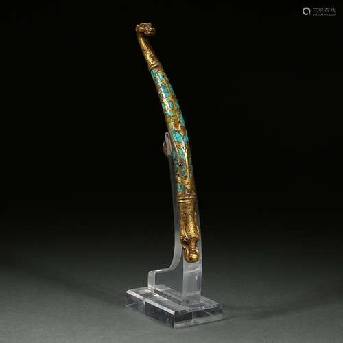 chinese bronze belt hook inlaid with gold and turquoises, Ha...